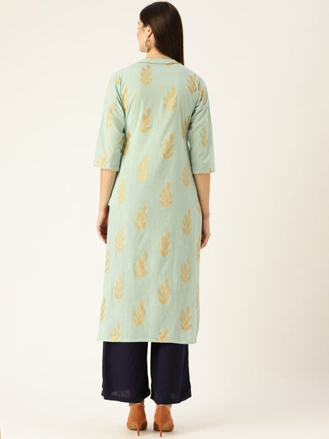 Women Blue Calf Length Three-Quarter Sleeves A-Line Ethnic Motifs Yoke Design Cotton Kurta