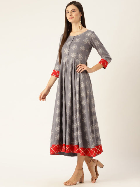 Women Grey Ethnic Motifs Printed Round Neck Viscose Rayon A-Line Dress