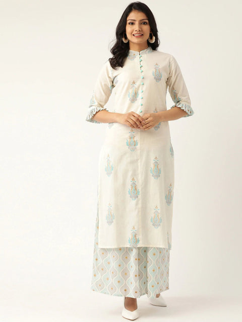 Women White & Grey Printed Kurta with Palazzos