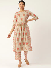 Women Beige & Pink Printed Kurta with Palazzos