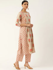 Women Beige & Pink Printed Kurta with Palazzos