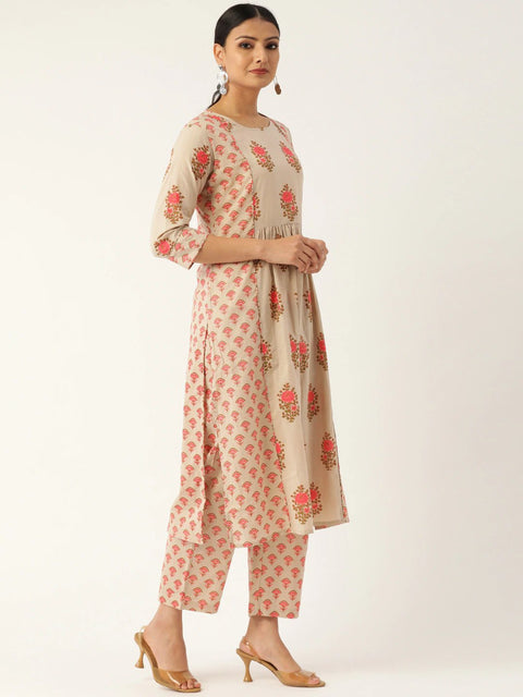 Women Beige & Pink Printed Kurta with Palazzos