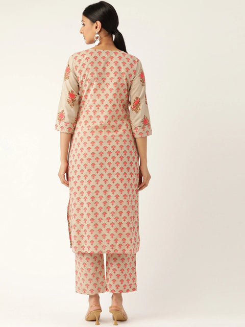 Women Beige & Pink Printed Kurta with Palazzos