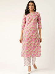 Women Pink & White Printed Kurta with Palazzos