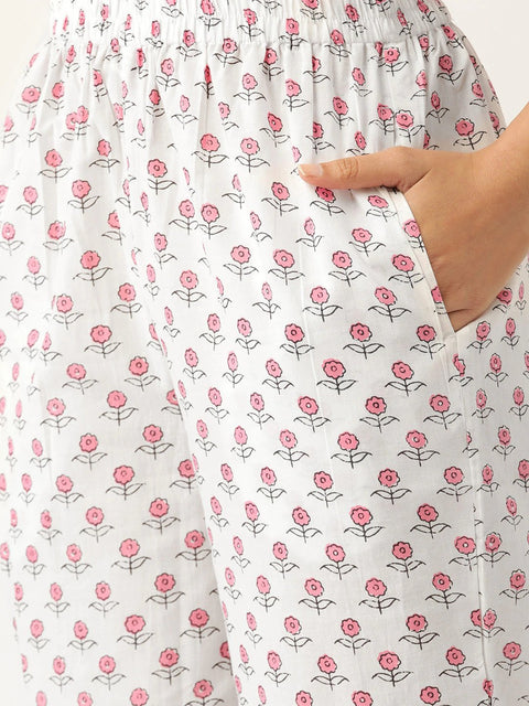 Women Pink & White Printed Kurta with Palazzos