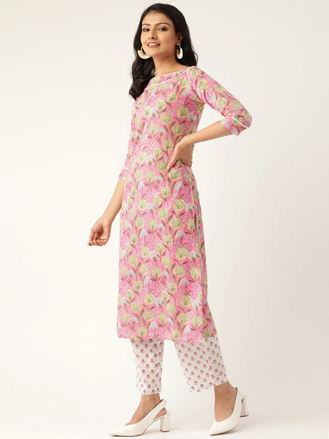 Women Pink & White Printed Kurta with Palazzos