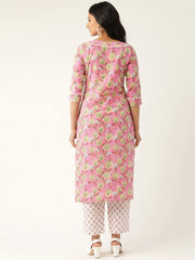 Women Pink & White Printed Kurta with Palazzos
