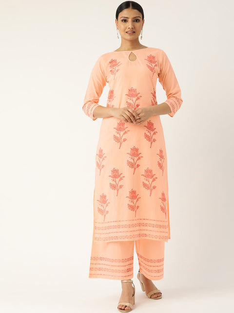Women Peach-Coloured & Red Printed Kurta with Palazzos
