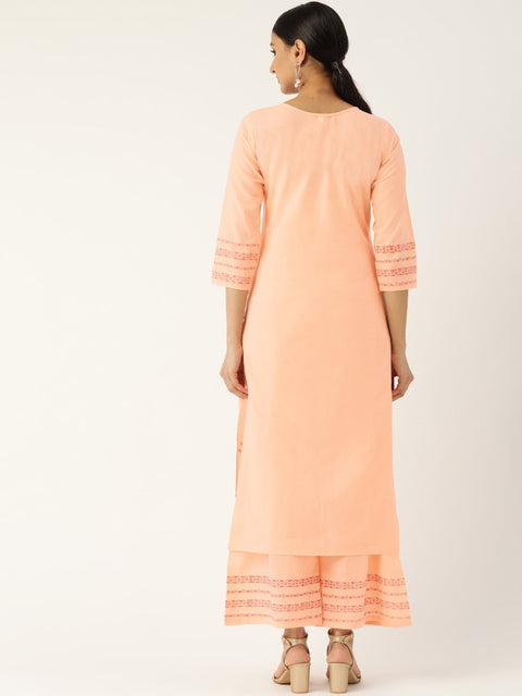 Women Peach-Coloured & Red Printed Kurta with Palazzos