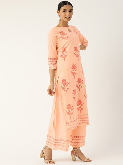 Women Peach-Coloured & Red Printed Kurta with Palazzos