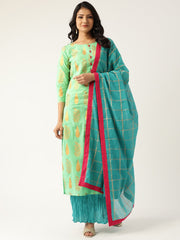 Women Green & Turquoise Blue Printed Kurta with Skirt & Dupatta