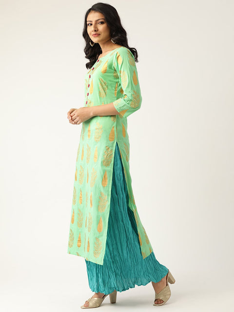 Women Green & Turquoise Blue Printed Kurta with Skirt & Dupatta