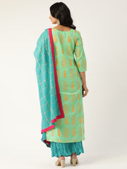 Women Green & Turquoise Blue Printed Kurta with Skirt & Dupatta