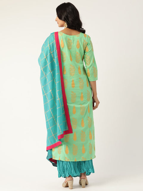 Women Green & Turquoise Blue Printed Kurta with Skirt & Dupatta