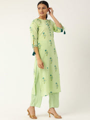 Women Pista Green Calf Length Three-Quarter Sleeves Straight Floral Printed Cotton Kurta