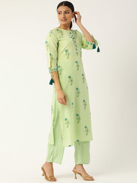 Women Pista Green Calf Length Three-Quarter Sleeves Straight Floral Printed Cotton Kurta