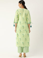 Women Pista Green Calf Length Three-Quarter Sleeves Straight Floral Printed Cotton Kurta