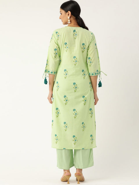 Women Pista Green Calf Length Three-Quarter Sleeves Straight Floral Printed Cotton Kurta