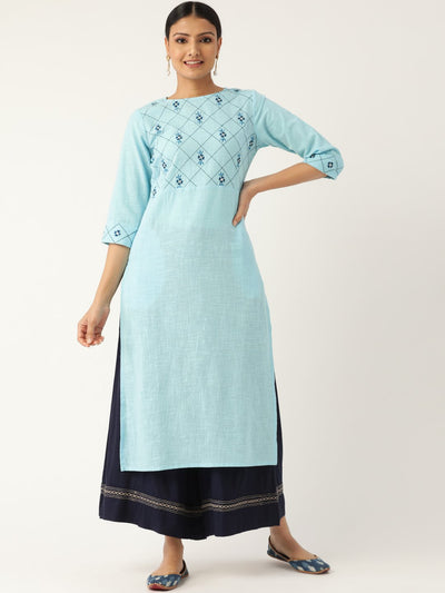 Women Blue Calf Length Three-Quarter Sleeves Straight Solid Embroidered Cotton Kurta