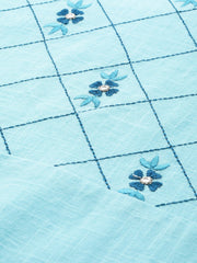 Women Blue Calf Length Three-Quarter Sleeves Straight Solid Embroidered Cotton Kurta