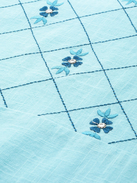 Women Blue Calf Length Three-Quarter Sleeves Straight Solid Embroidered Cotton Kurta