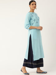 Women Blue Calf Length Three-Quarter Sleeves Straight Solid Embroidered Cotton Kurta