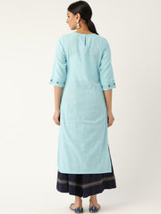Women Blue Calf Length Three-Quarter Sleeves Straight Solid Embroidered Cotton Kurta