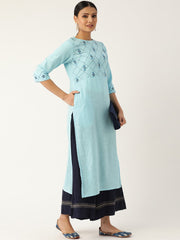 Women Blue Calf Length Three-Quarter Sleeves Straight Solid Embroidered Cotton Kurta