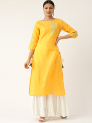 Women Yellow Calf Length Three-Quarter Sleeves Straight Solid Embroidered Cotton Kurta