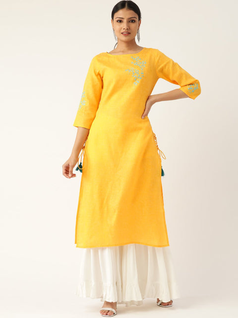 Women Yellow Calf Length Three-Quarter Sleeves Straight Solid Embroidered Cotton Kurta