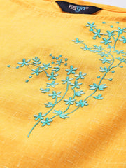 Women Yellow Calf Length Three-Quarter Sleeves Straight Solid Embroidered Cotton Kurta
