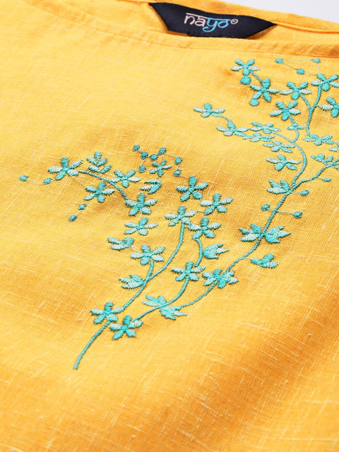 Women Yellow Calf Length Three-Quarter Sleeves Straight Solid Embroidered Cotton Kurta