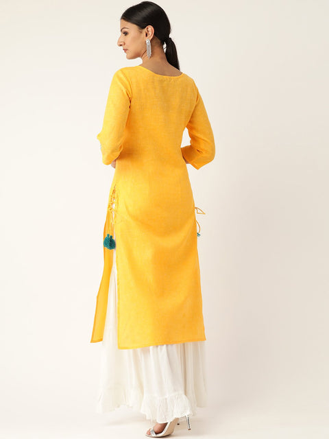 Women Yellow Calf Length Three-Quarter Sleeves Straight Solid Embroidered Cotton Kurta
