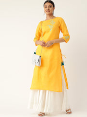 Women Yellow Calf Length Three-Quarter Sleeves Straight Solid Embroidered Cotton Kurta