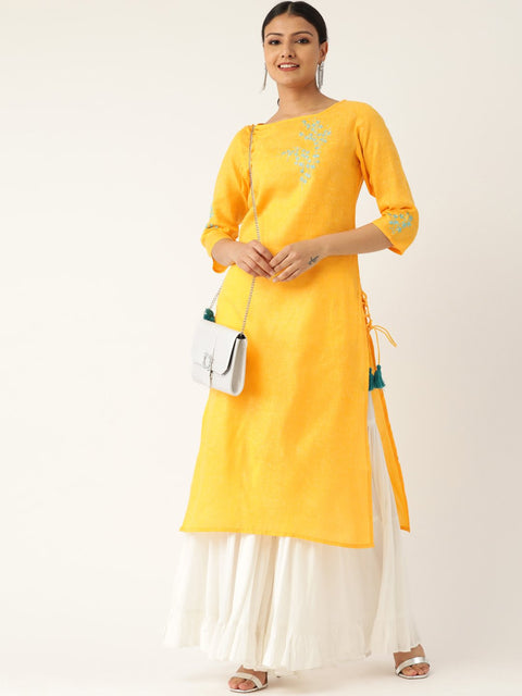 Women Yellow Calf Length Three-Quarter Sleeves Straight Solid Embroidered Cotton Kurta