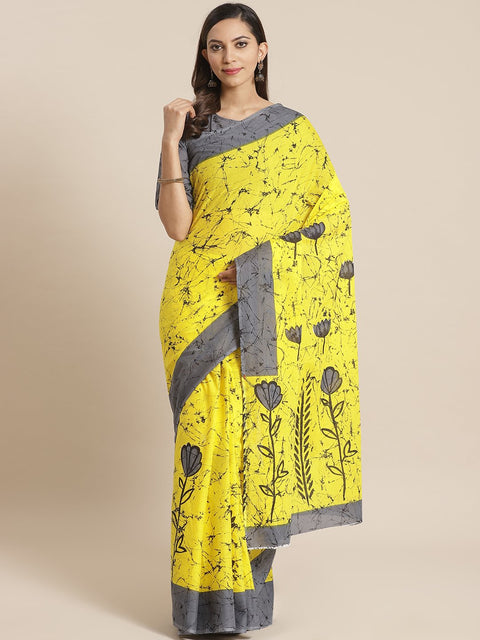 Women yellow and grey printed Saree with atteched blouse piece
