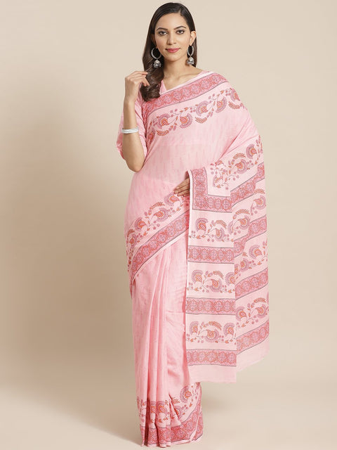 Women Pink floral printed Saree with atteched blouse piece