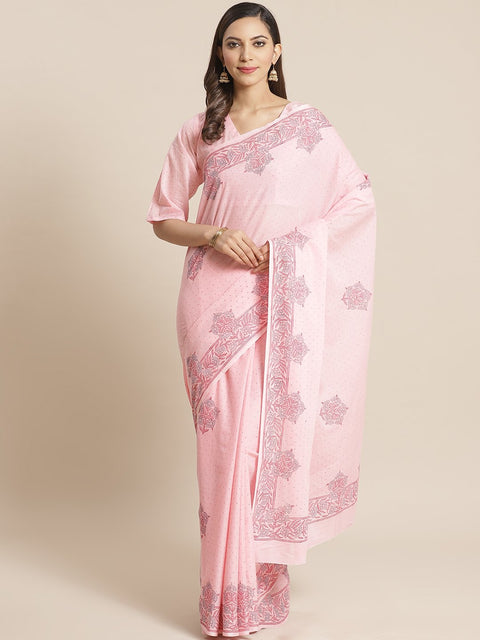 Women Pink floral printed Saree with atteched blouse piece