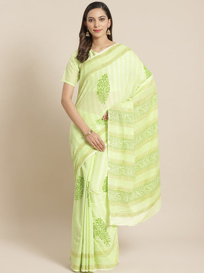 Women Green Ethnic floral printed Saree with atteched blouse piece