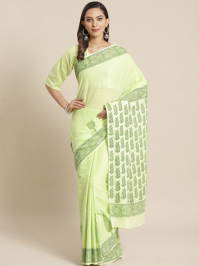 Women Green Ethnic print Saree with atteched blouse piece