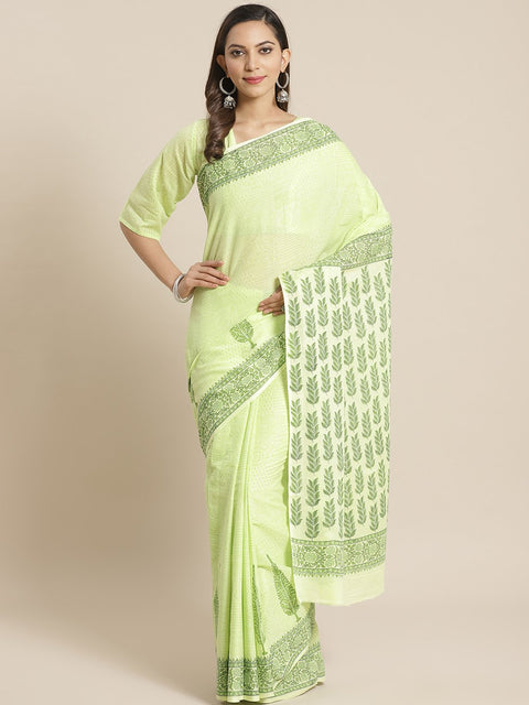 Women Green Ethnic print Saree with atteched blouse piece