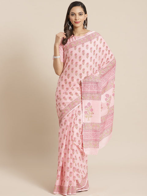 Women Pink and Green Ethnic print Saree with atteched blouse piece