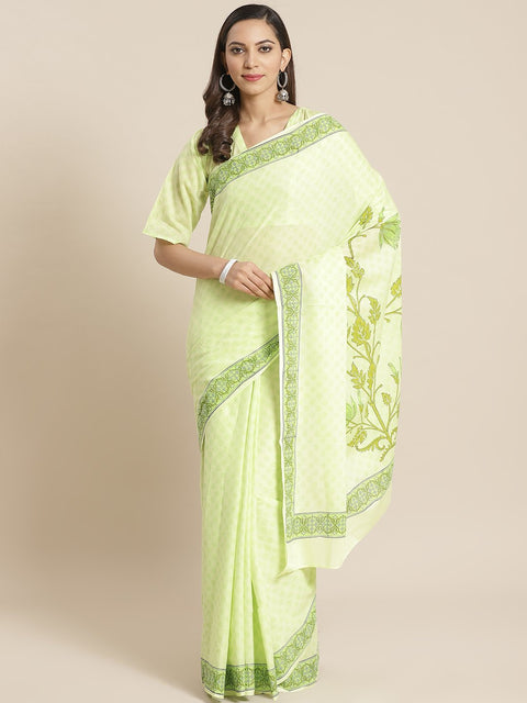 Women limegreen Ethnic print Saree with atteched blouse piece