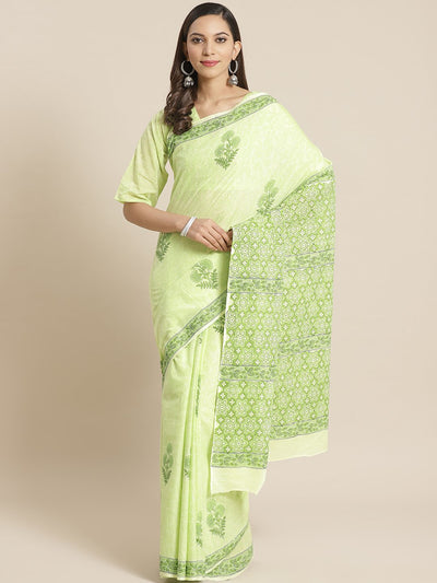 Women limegreen Ethnic print Saree with atteched blouse piece