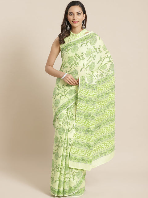 Women Limegreen Ethnic print Saree with atteched blouse piece