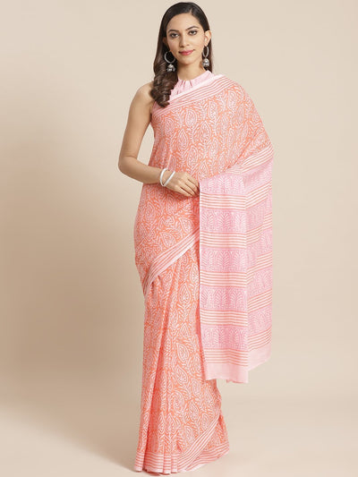 Women Peach Ethnic print Saree with atteched blouse piece