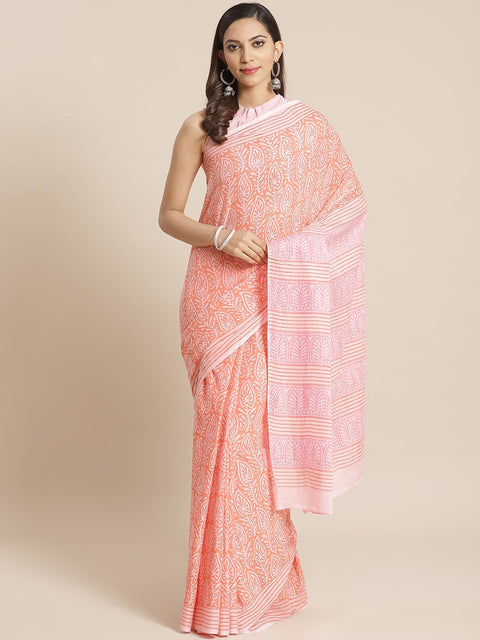 Women Peach Ethnic print Saree with atteched blouse piece