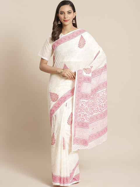 Women Offwhite and pink Ethnic print Saree with atteched blouse piece