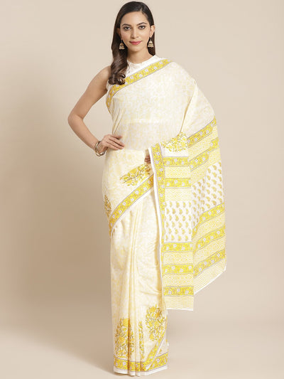 Women white and yellow Floral print Saree with atteched blouse piece