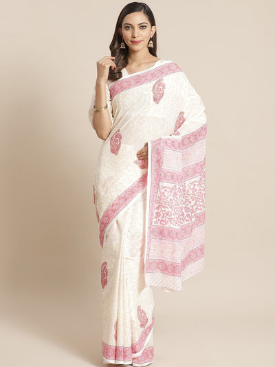 Women white and pink ethnic print Saree with atteched blouse piece